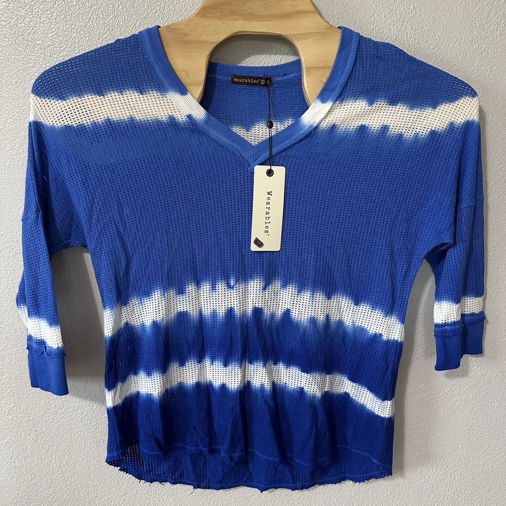 NEW Wearables by XCVI‎ Mesh Fira Pullover Small Caravel Wash Cobalt Blue Tie Dye